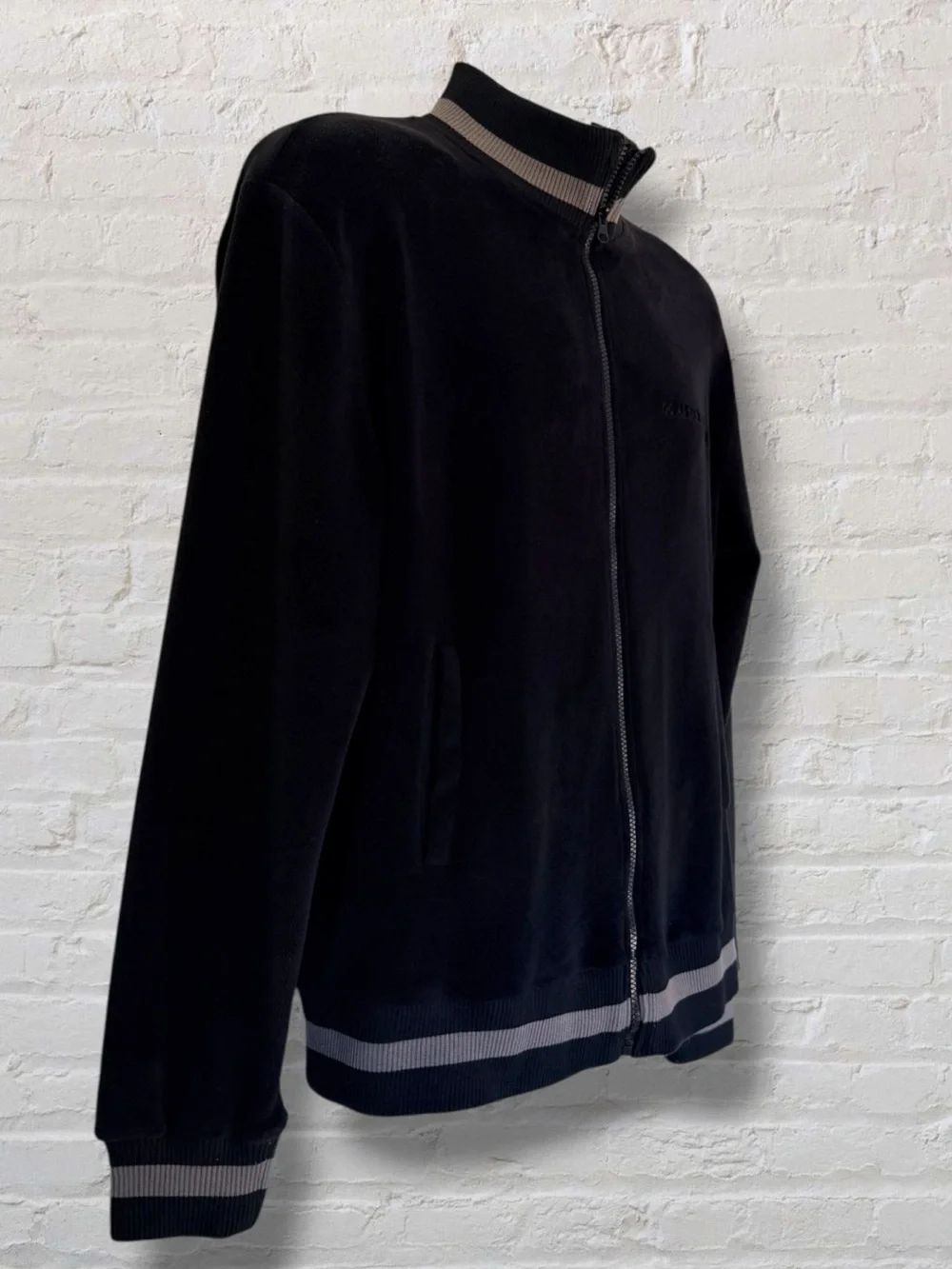 Zara Men Large Full Zip Track Jacket Black Go As Far As You Can Stripe Trim